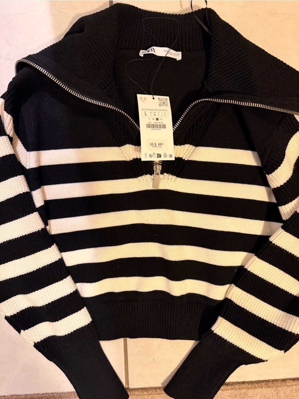 Zara Black and White Striped Zip-Front Turtleneck Sweater